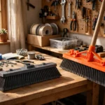 A bright home workshop scene with a bright-orange 3D printed push broom head fitted with neat bristle strips and mounted on a long handle, leaning