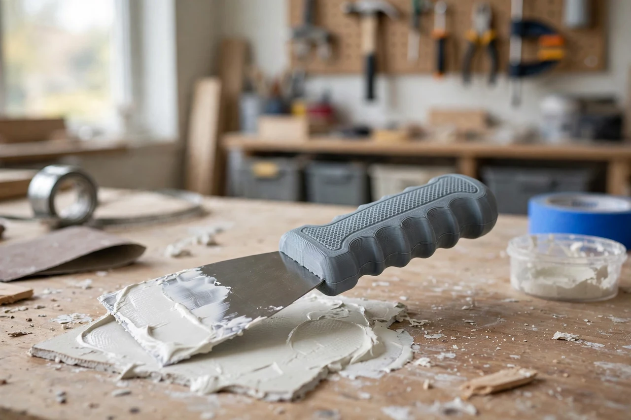 View of the finished 3D printed putty knife handle grip sleeve in use on a home repair project on a workbench, tidy workshop background in soft focus, bright natural light
