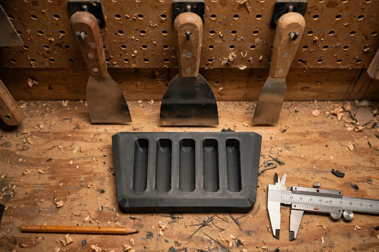 Close-up top-down view of a matte charcoal-gray 3D printed putty knife wall holster being test-fitted against putty knives hung on the workshop wall on a workbench, calipers and a pencil nearby, warm workshop lighting