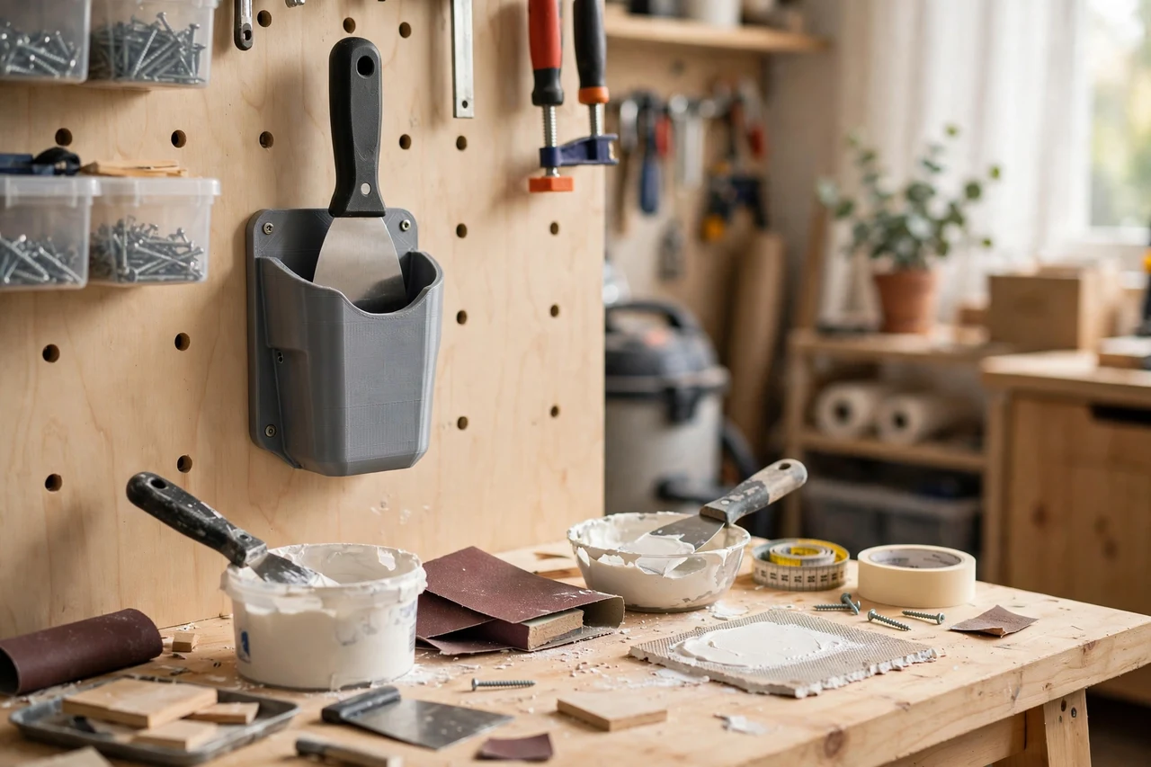 View of the finished 3D printed putty knife wall holster in use on a home repair project on a workbench, tidy workshop background in soft focus, bright natural light