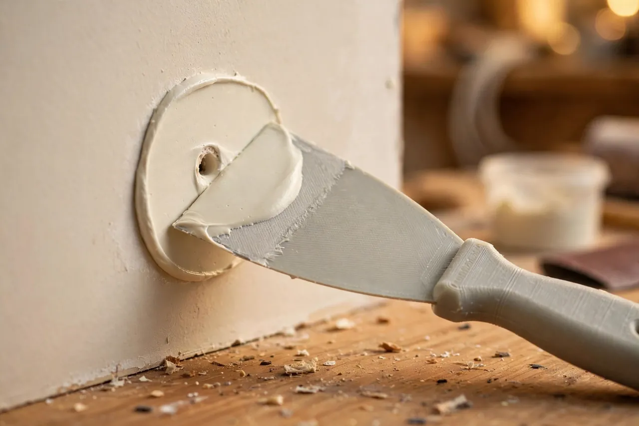 Close-up of a flexible 3D printed putty knife drawing a smooth layer of pale spackle over a small hole in a painted wall section on a workbench, warm