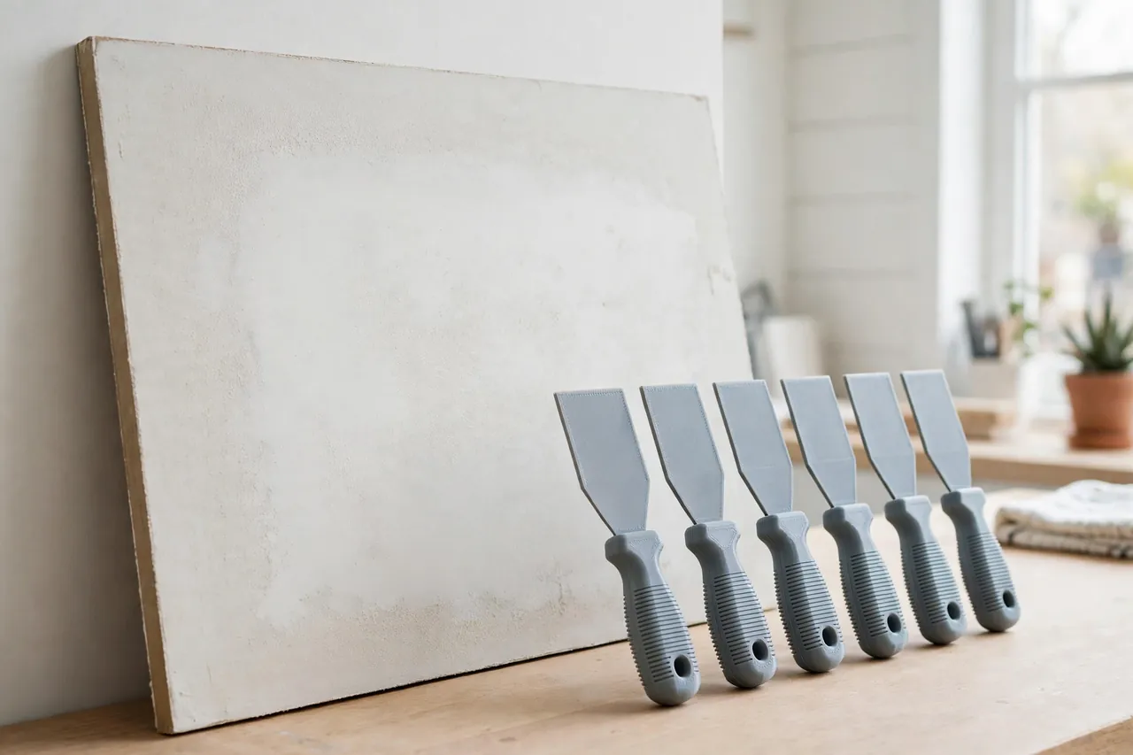 A finished smoothly patched and sanded wall board leaning in a bright room beside cleaned 3D printed putty knives in a neat row