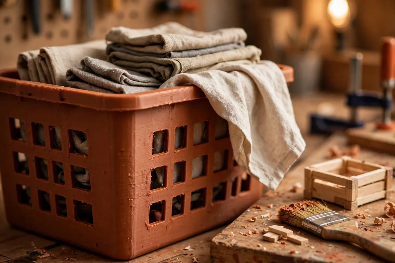 Close-up view of a 3D printed rag bin in matte terracotta plastic with ventilation slots in its sides, folded rags stacked inside