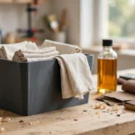 A bright home workshop scene on a light oak workbench