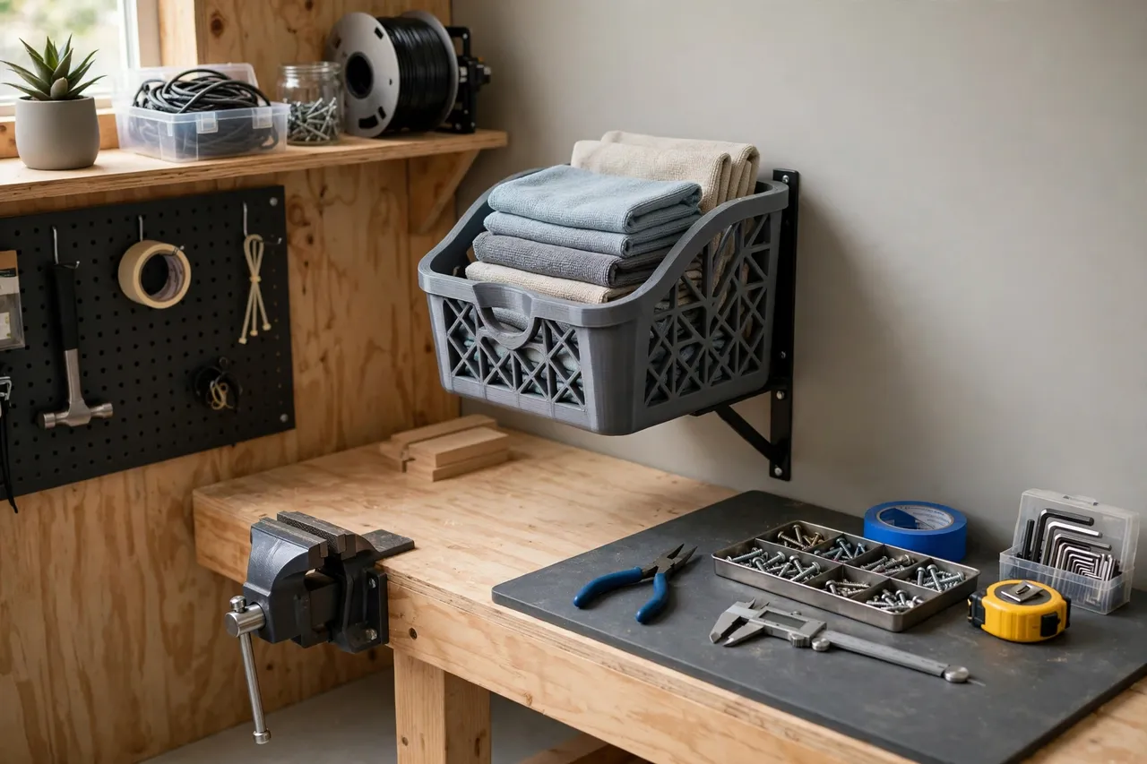 A tidy workshop corner with a 3D printed rag bin mounted on a wall bracket beside a workbench, rags neatly stored inside