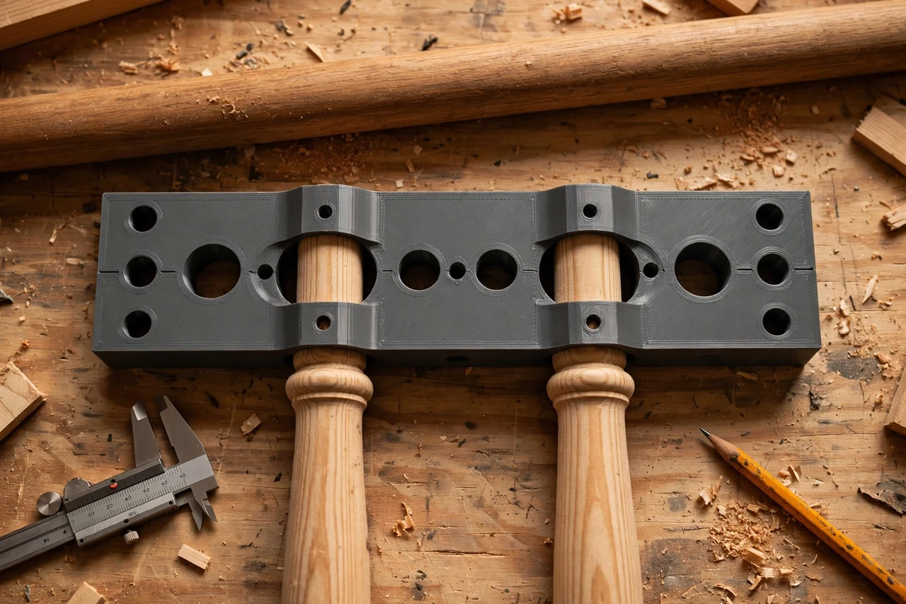 Close-up top-down view of a matte charcoal-gray 3D printed railing baluster drilling template being test-fitted against railing balusters and handrails on a workbench, calipers and a pencil nearby, warm workshop lighting