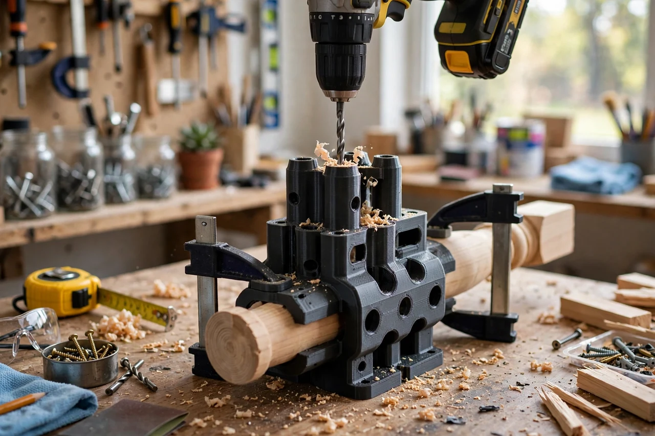 View of the finished 3D printed railing baluster drilling template in use on a home repair project on a workbench, tidy workshop background in soft focus, bright natural light
