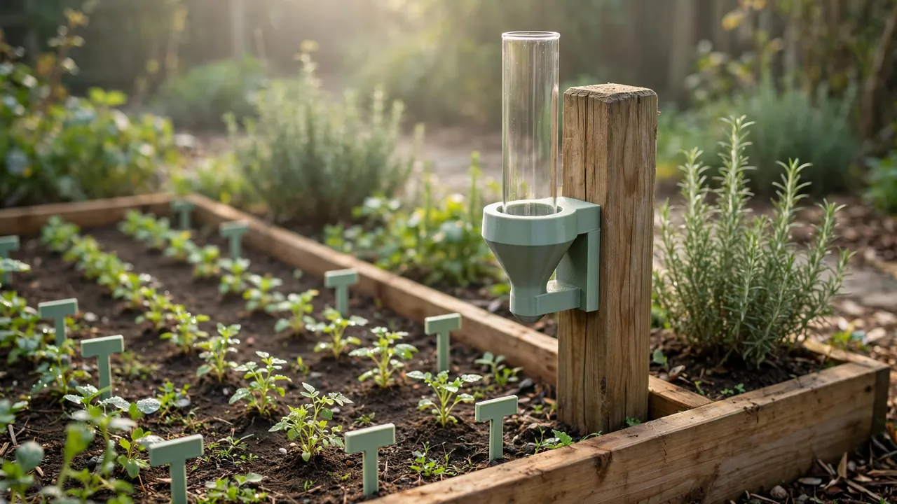 A tidy home garden bed in soft morning light, a matte sage-green 3D printed holder on a wooden post holding a clear rain gauge tube