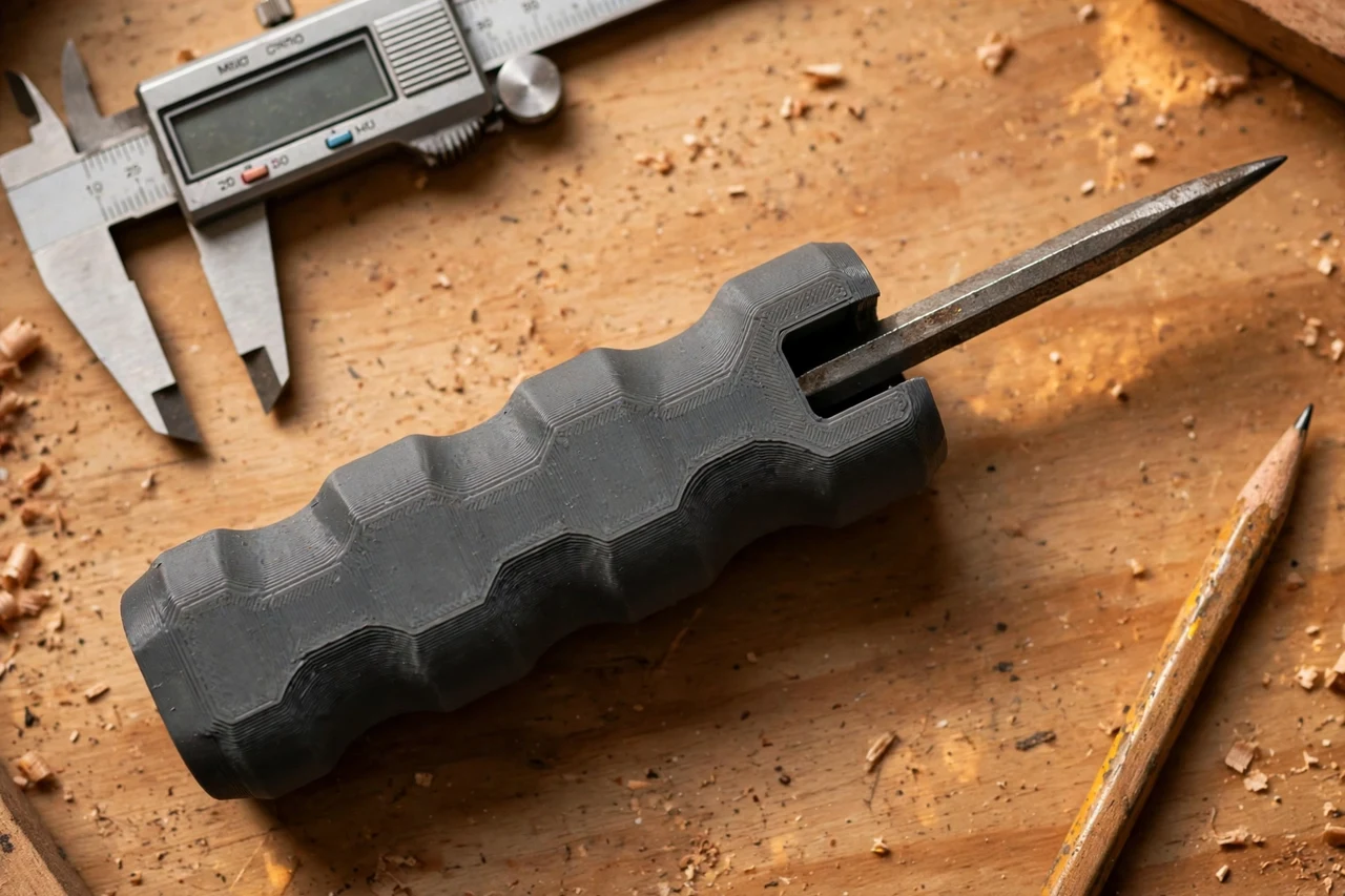 Close-up top-down view of a matte charcoal-gray 3D printed rasp file handle grip being test-fitted against a rasp tang that needs a safe handle on a workbench, calipers and a pencil nearby, warm workshop lighting