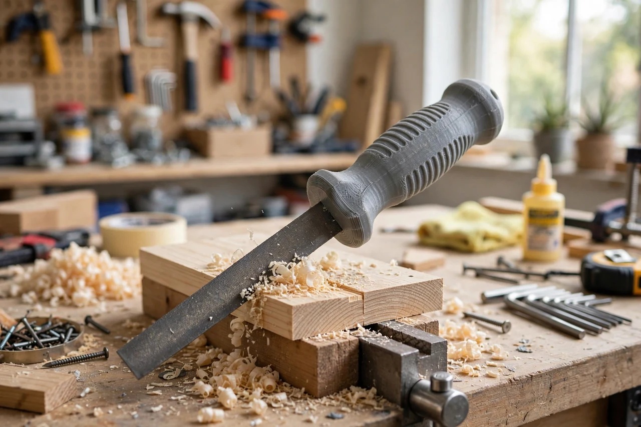 View of the finished 3D printed rasp file handle grip in use on a home repair project on a workbench, tidy workshop background in soft focus, bright natural light