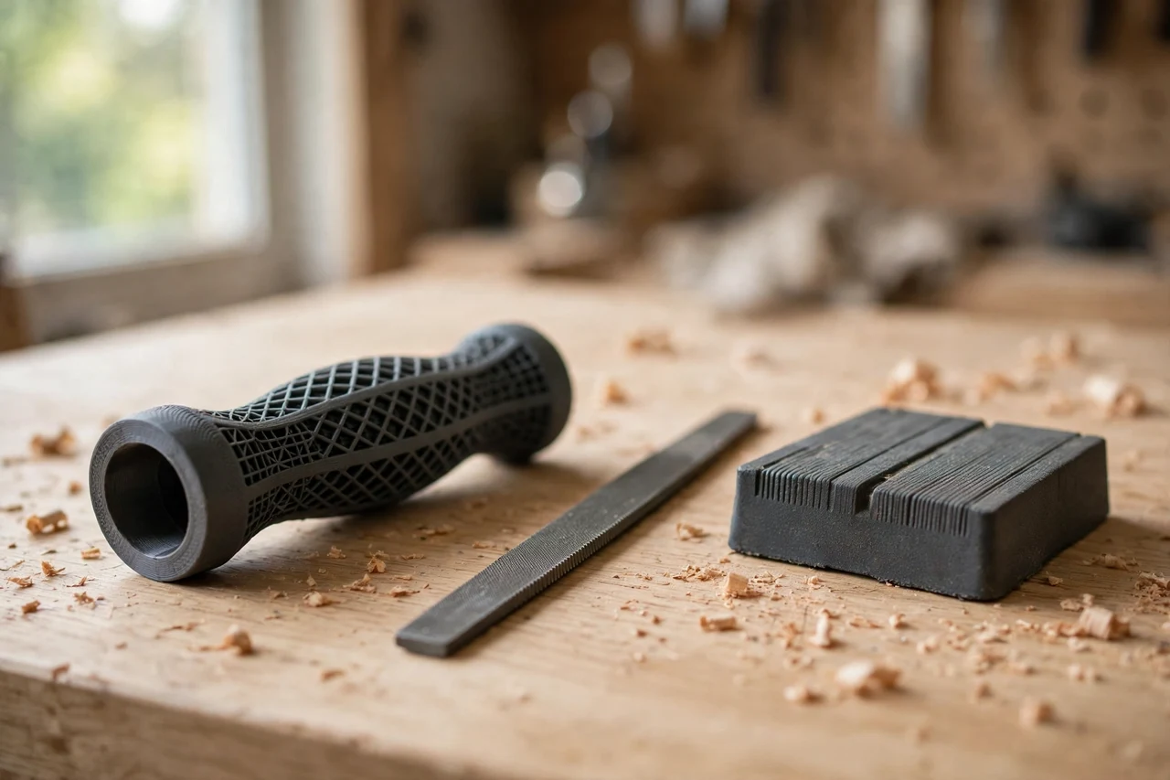 Home workshop scene on a light oak workbench, a matte charcoal-gray 3D printed rasp file handle grip beside a rasp and a bench vice pad, soft natural window light, shallow depth of field