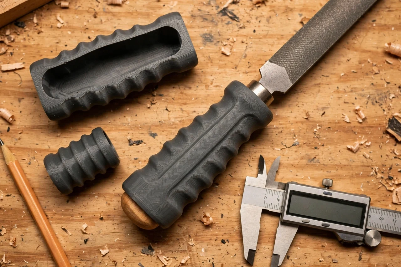 Close-up top-down view of a matte charcoal-gray 3D printed rasp handle grip covers being test-fitted against rasp handles given a comfortable printed grip on a workbench, calipers and a pencil nearby, warm workshop lighting