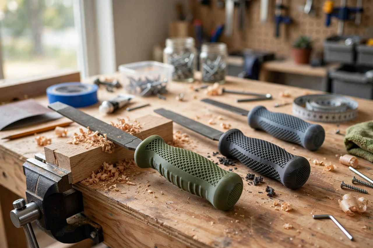 View of the finished 3D printed rasp handle grip covers in use on a home repair project on a workbench, tidy workshop background in soft focus, bright natural light