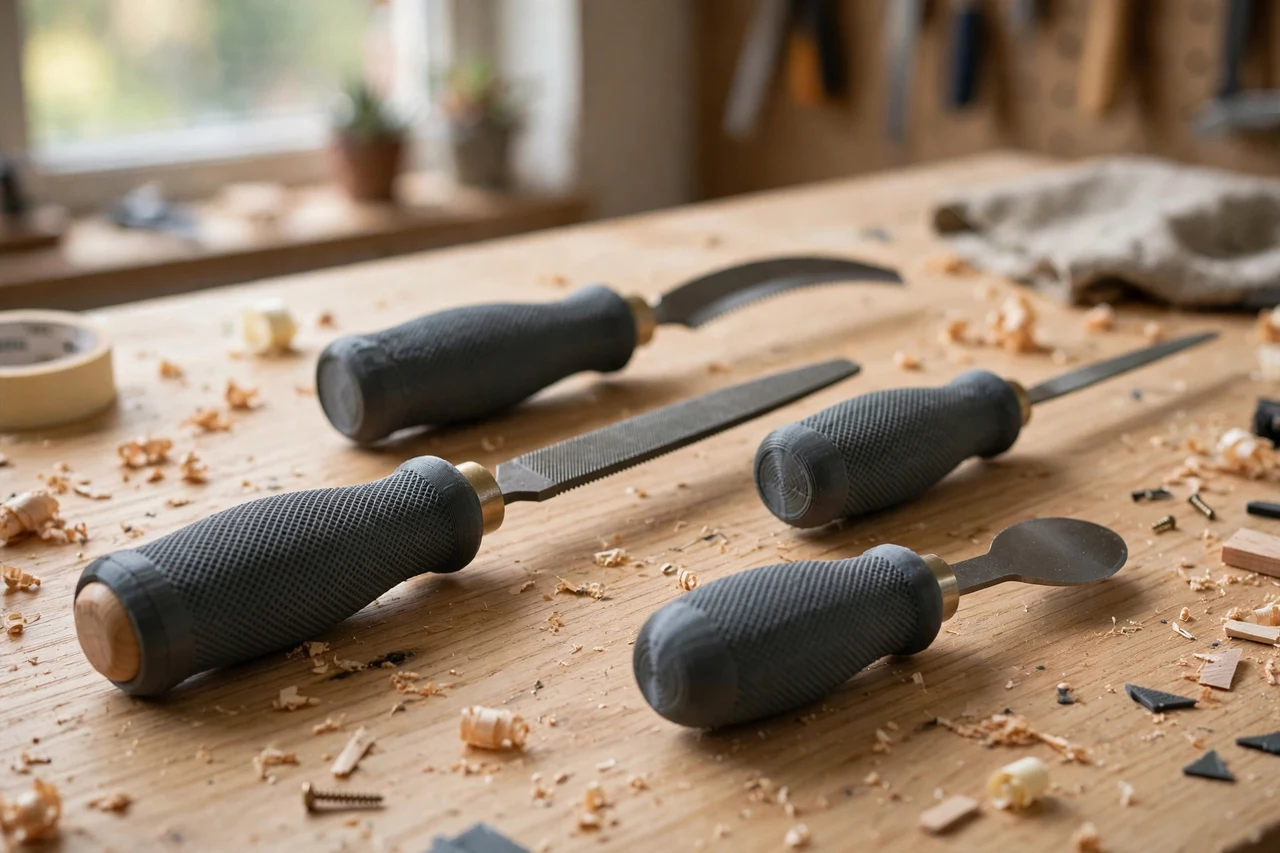 Home workshop scene on a light oak workbench, a matte charcoal-gray 3D printed rasp handle grip covers holding rasp handles given a comfortable printed grip, soft natural window light, shallow depth of field