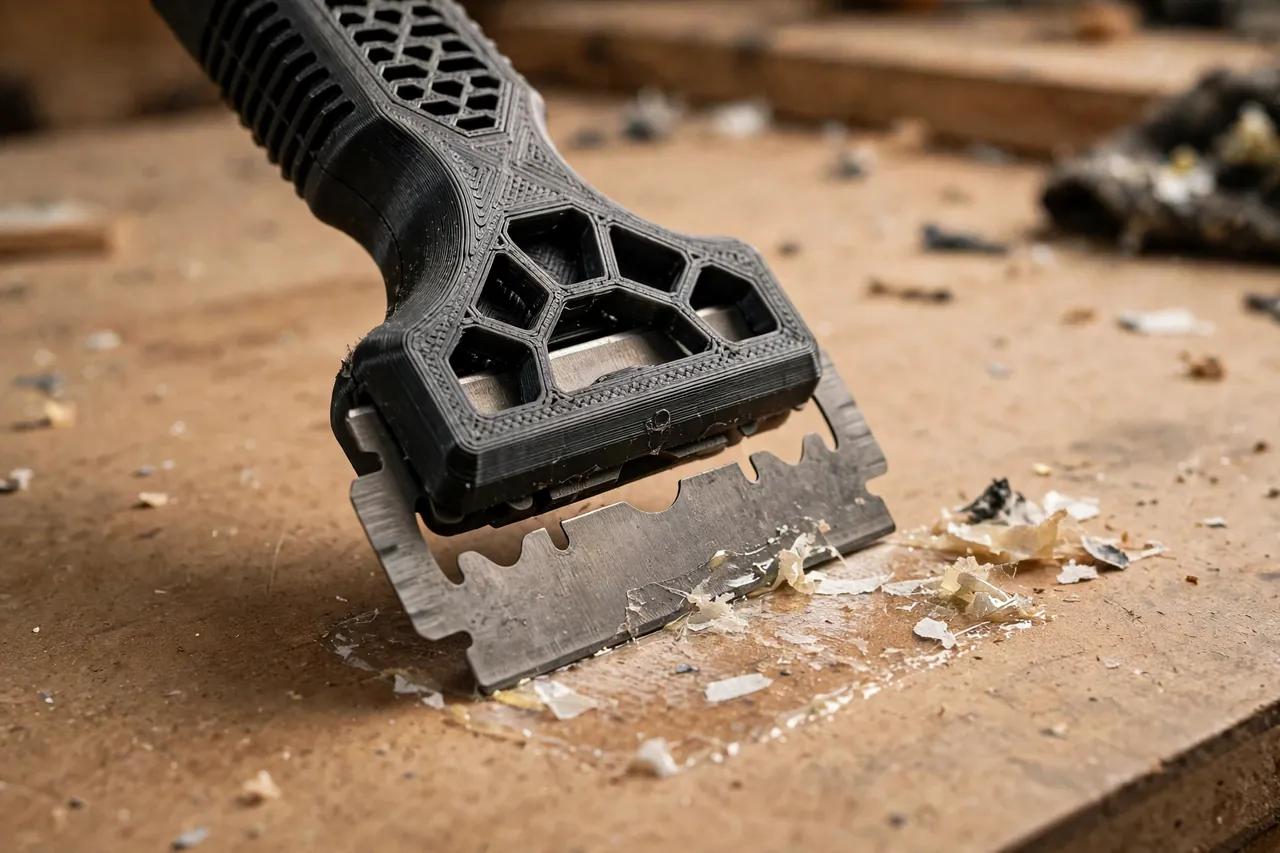 Close-up view of a 3D printed razor scraper holder gripping a standard single-edge blade at a low angle against a sticker residue patch on a smooth