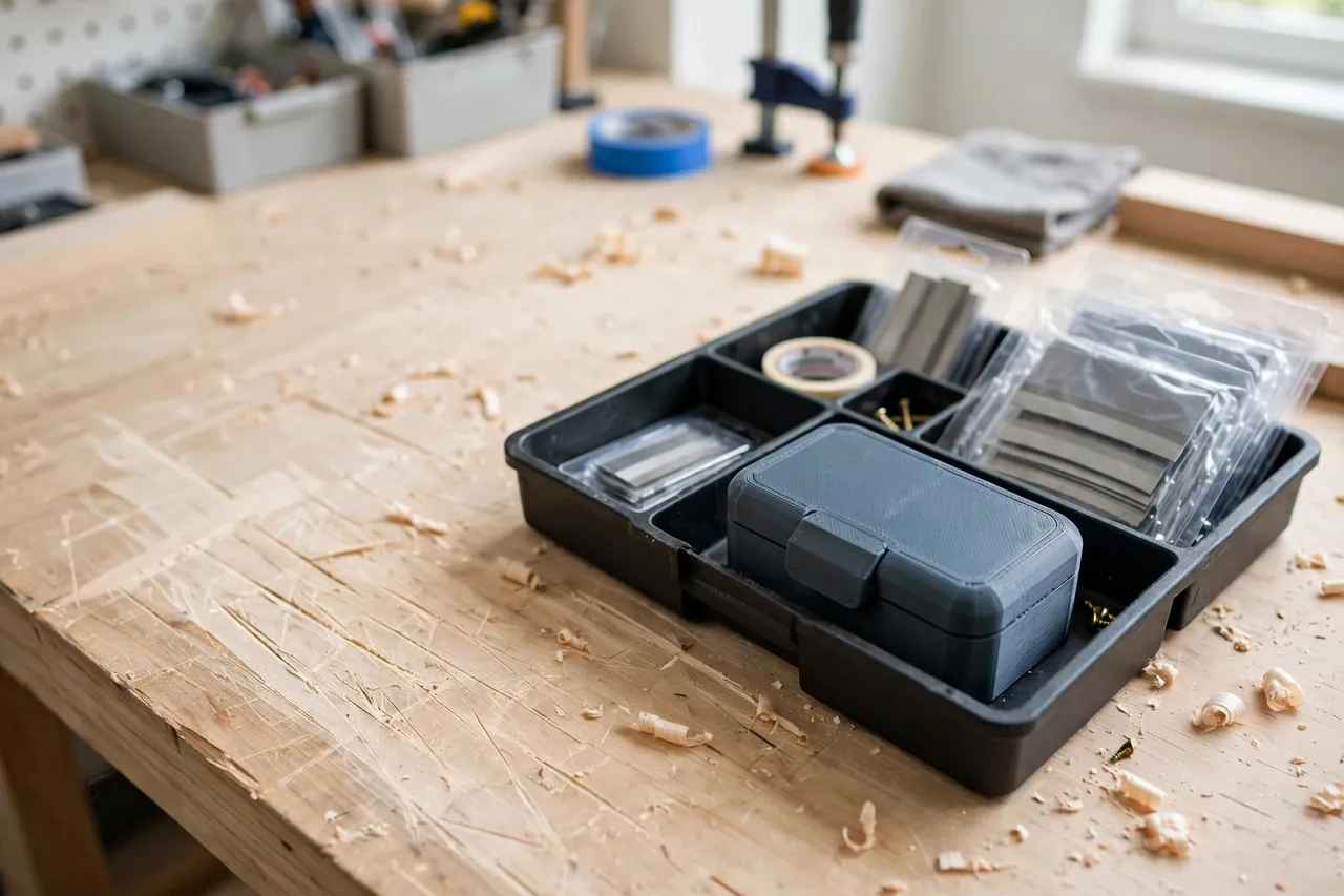 A clean scraped wooden surface and a tidy workbench with the 3D printed scraper holder stored with its cover closed in a small tool tray alongside