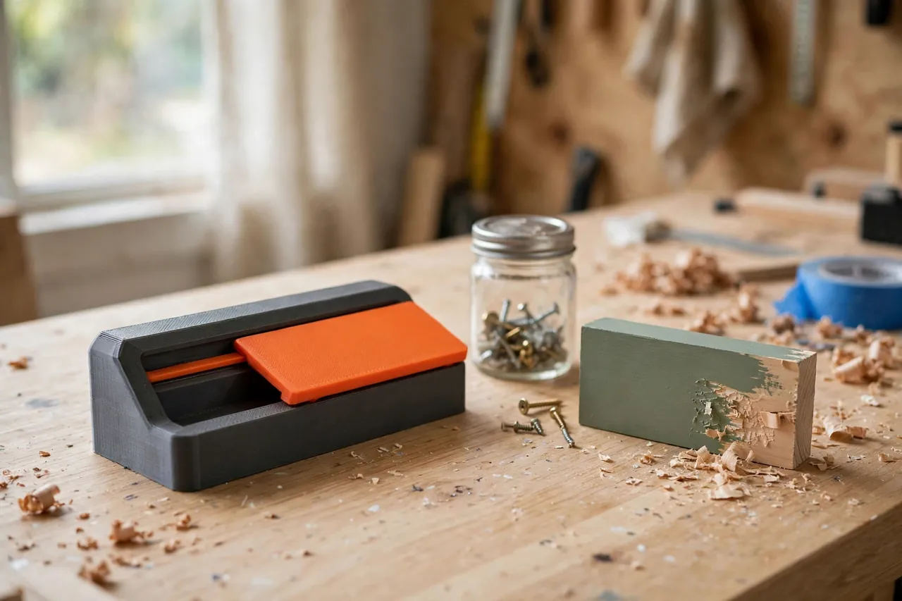 A bright home workshop scene on a light oak workbench
