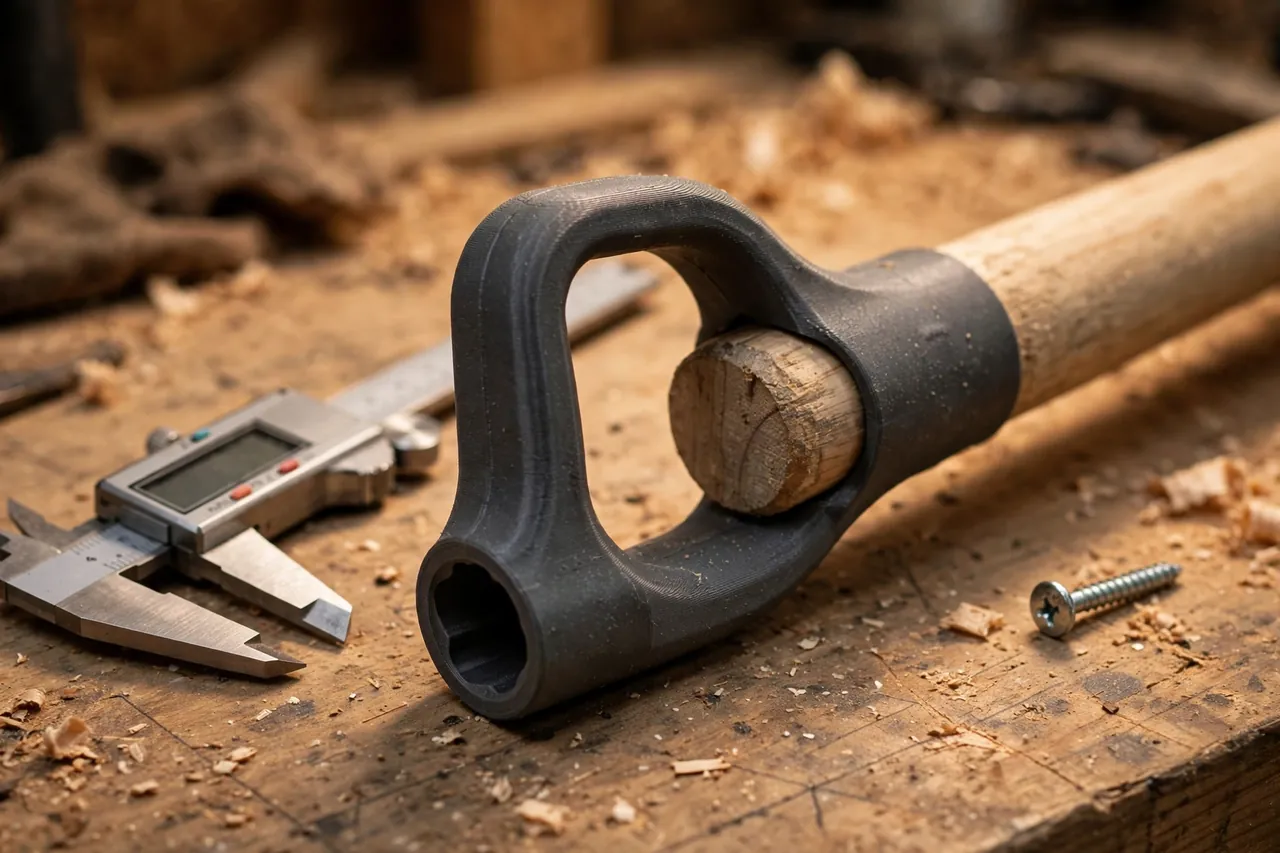Close-up of a matte charcoal-gray 3D printed D-grip socket being test-fitted over the end of a wooden shovel shaft on a workbench