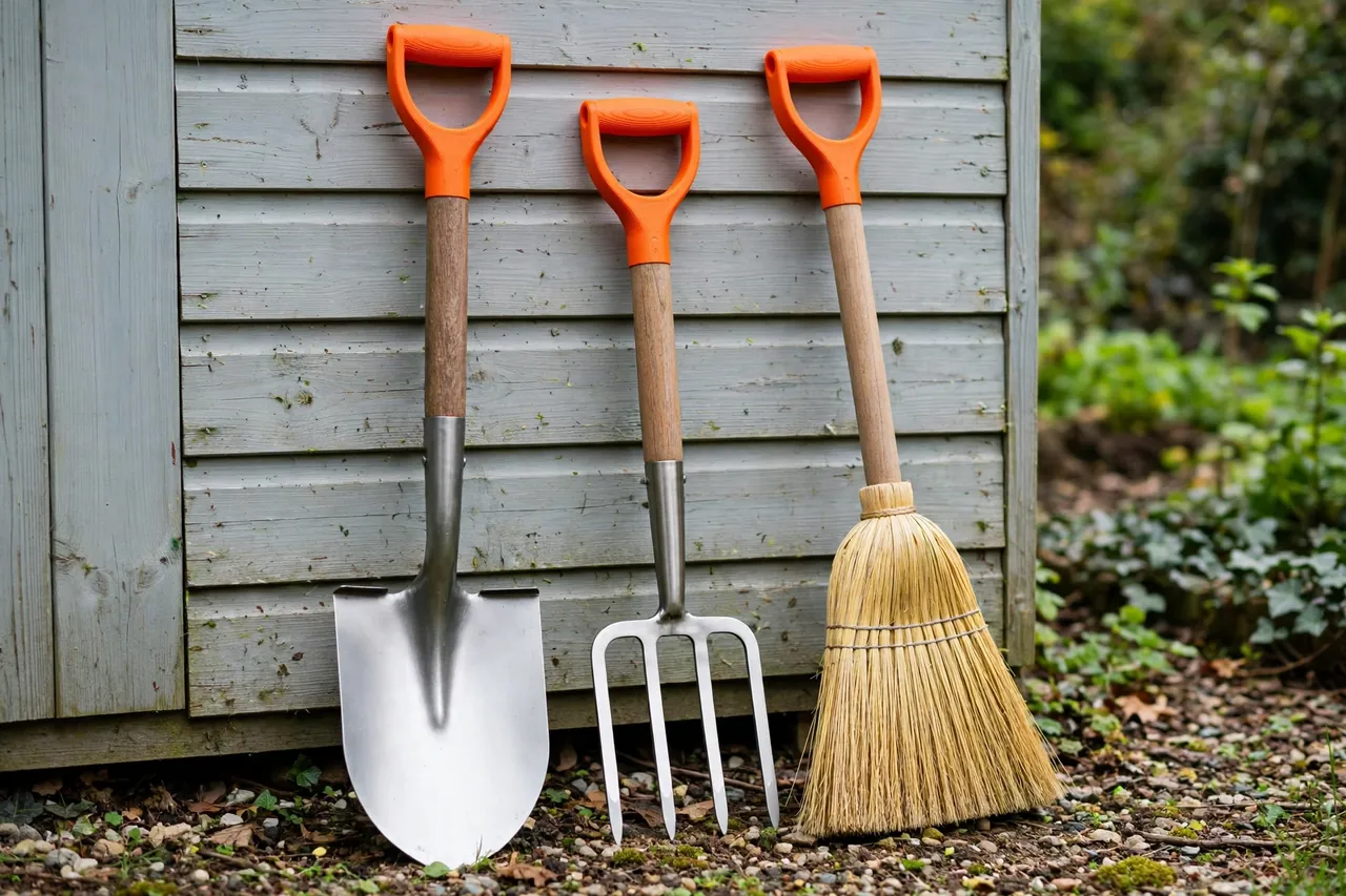 A finished shovel, fork and broom with matching bright-orange 3D printed D-grips leaning neatly against a garden shed wall in soft daylight, tools