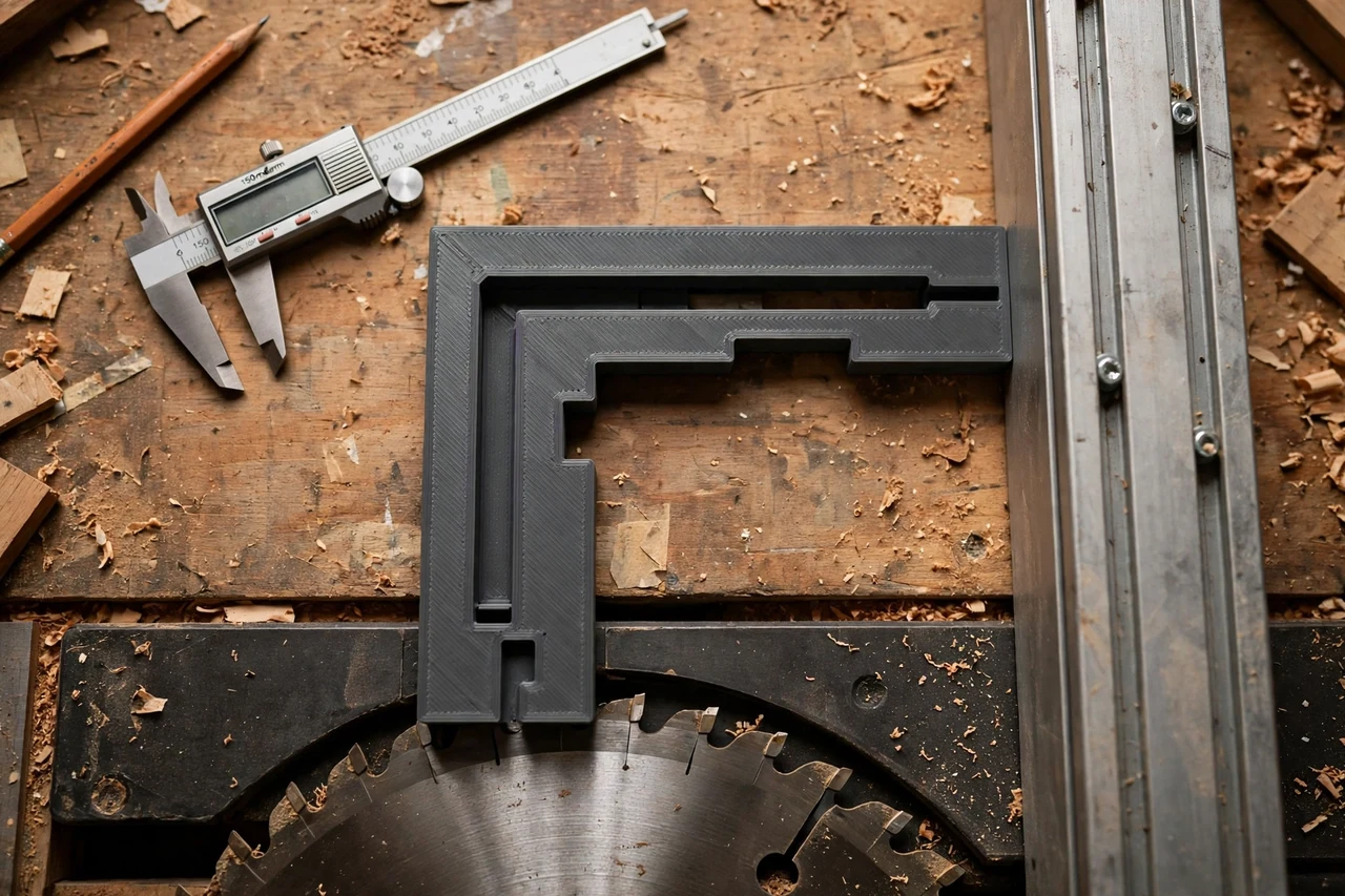 Close-up top-down view of a matte charcoal-gray 3D printed rip fence alignment gauge being test-fitted against table saw rip fences and blades on a workbench, calipers and a pencil nearby, warm workshop lighting