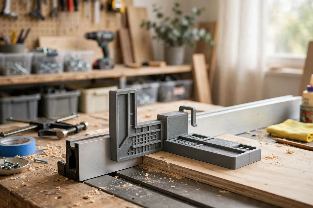 View of the finished 3D printed rip fence alignment gauge in use on a home repair project on a workbench, tidy workshop background in soft focus, bright natural light