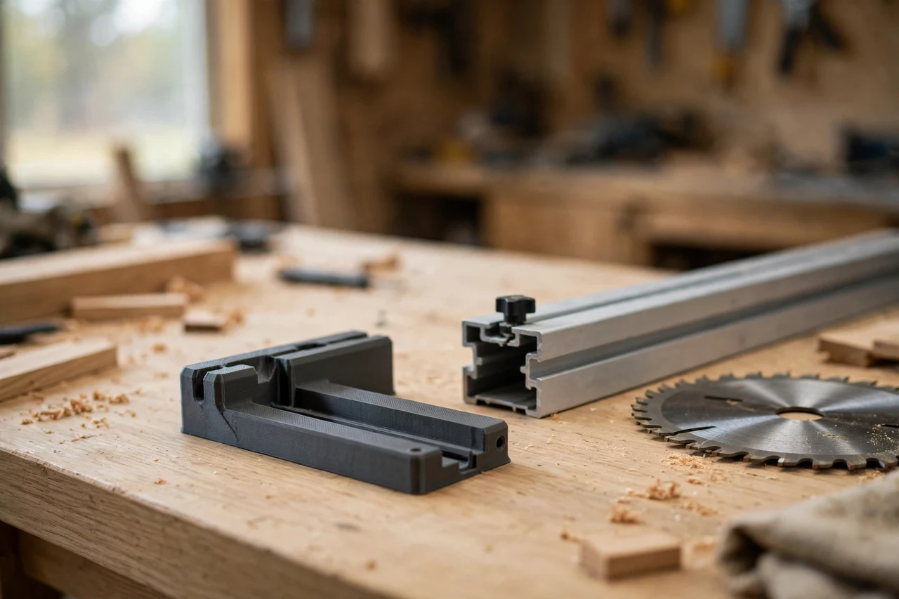 Home workshop scene on a light oak workbench, a matte charcoal-gray 3D printed rip fence alignment gauge beside a rip fence section and a saw blade, soft natural window light, shallow depth of field