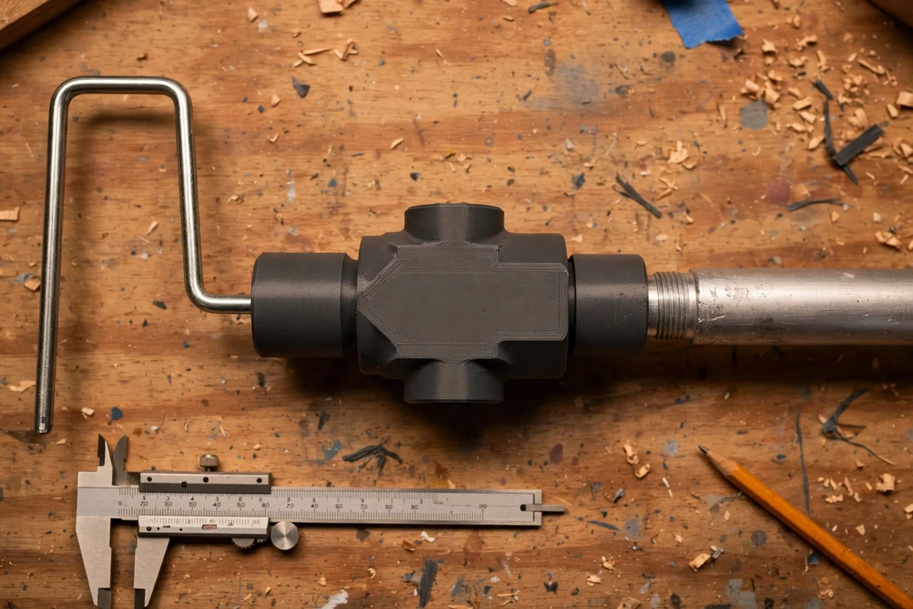 Close-up top-down view of a matte charcoal-gray 3D printed roller frame to pole adapter being test-fitted against a paint roller frame and an extension pole on a workbench, calipers and a pencil nearby, warm workshop lighting