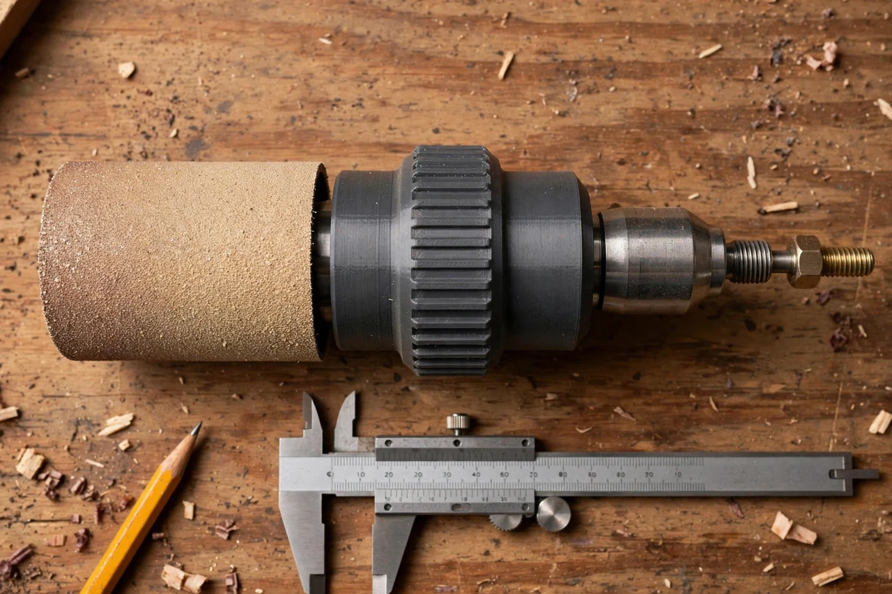 Close-up top-down view of a matte charcoal-gray 3D printed rotary tool sanding drum adapter being test-fitted against a rotary tool mandrel and a sanding drum on a workbench, calipers and a pencil nearby, warm workshop lighting