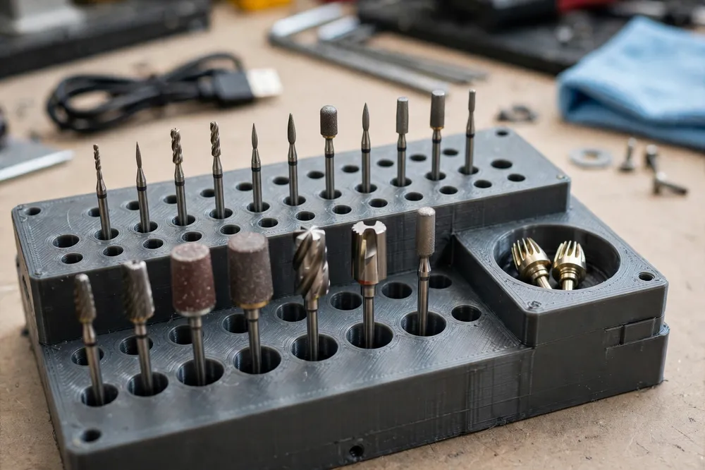 Close-up of the printed bit organizer block section of the station
