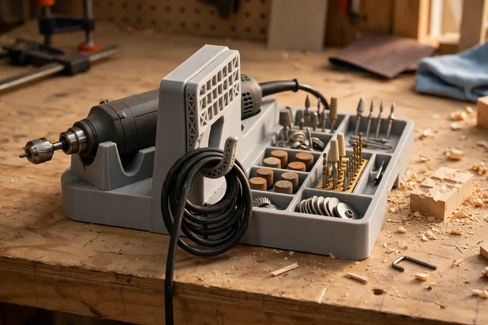 Side view of the rotary tool station on a workbench mid-project