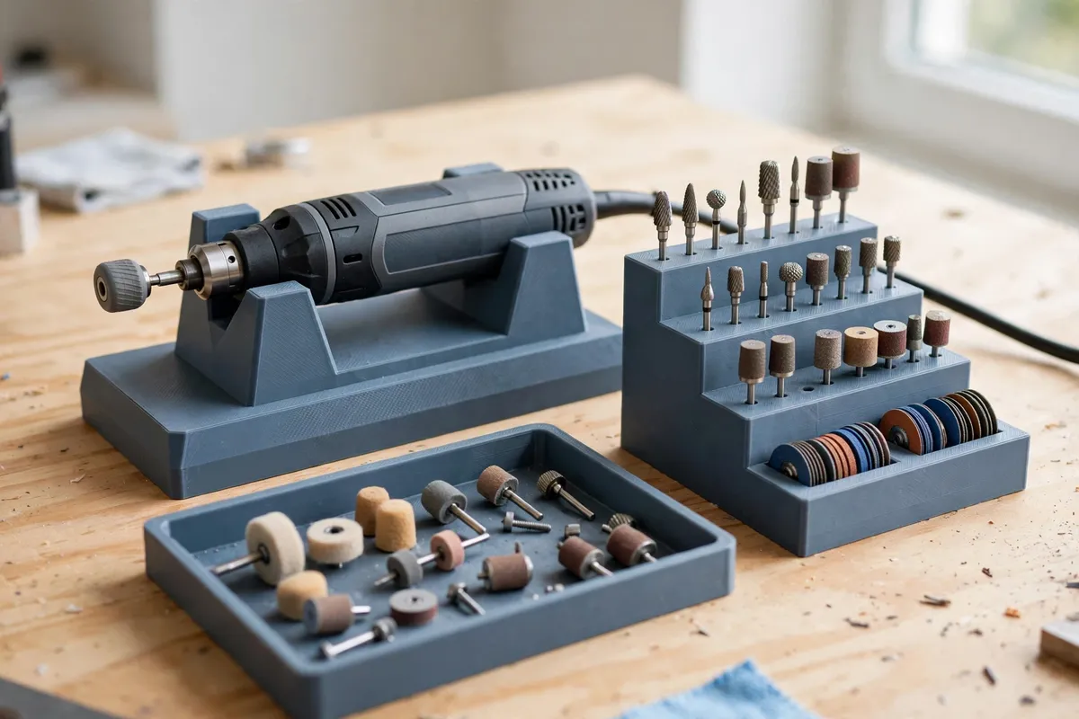 A neat benchtop rotary tool station in bright light: a matte blue-grey 3D printed stand with a rotary tool resting horizontally in its cradle