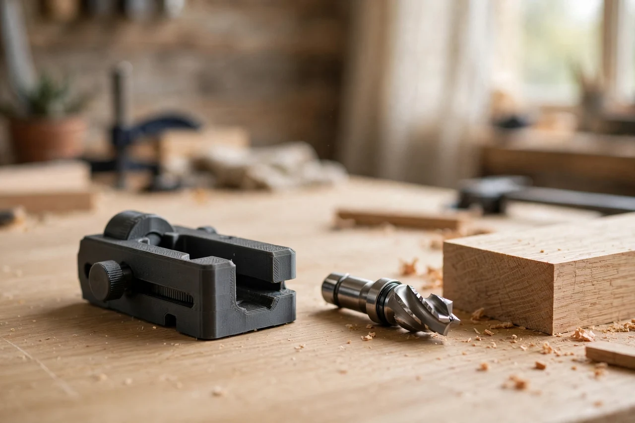 Home workshop scene on a light oak workbench, a matte charcoal-gray 3D printed router bit depth setting gauge beside a router bit and a workpiece edge, soft natural window light, shallow depth of field