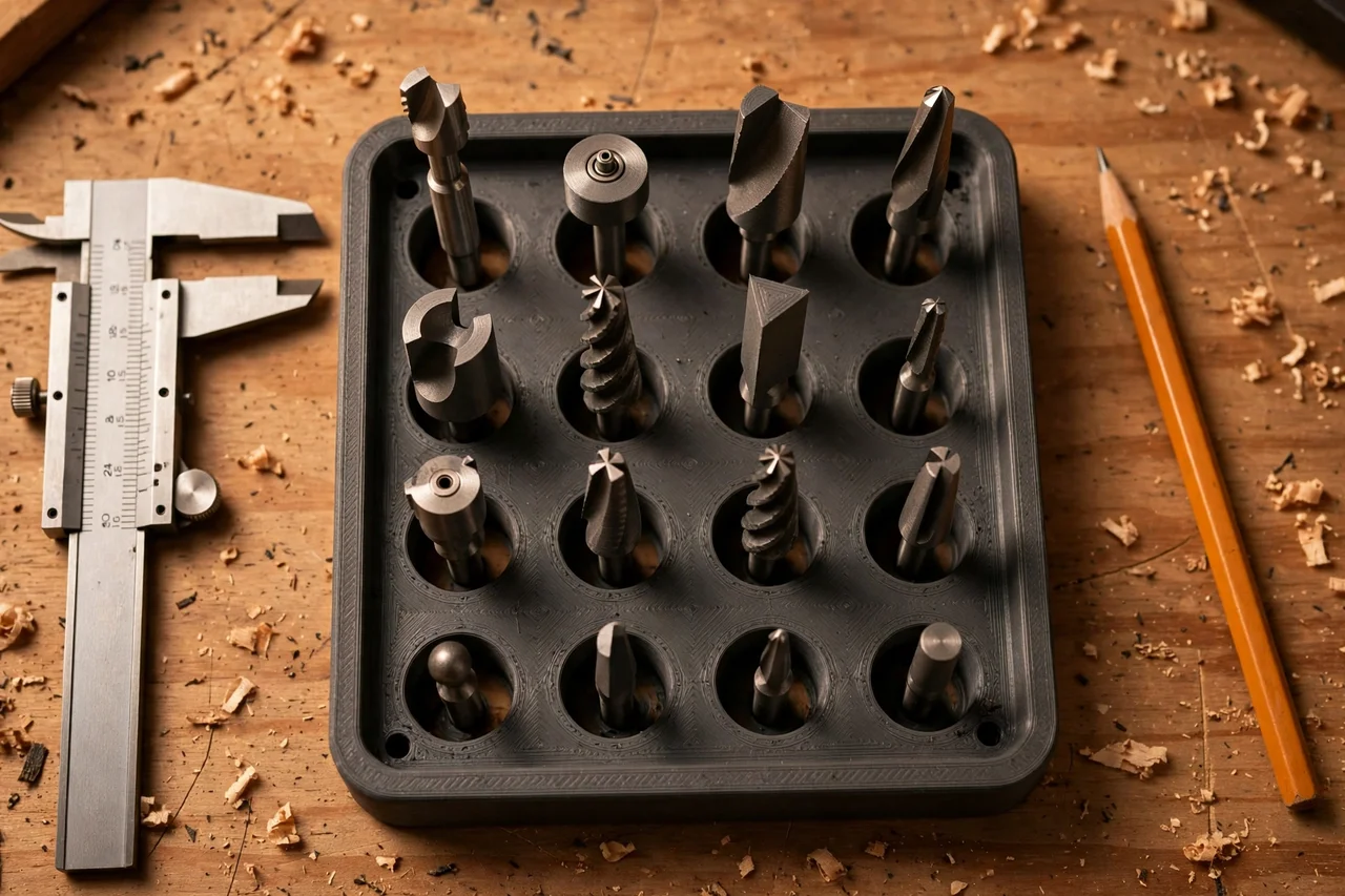 Close-up top-down view of a matte charcoal-gray 3D printed router bit index tray being test-fitted with router bits on a workbench, calipers and a pencil nearby, warm workshop lighting