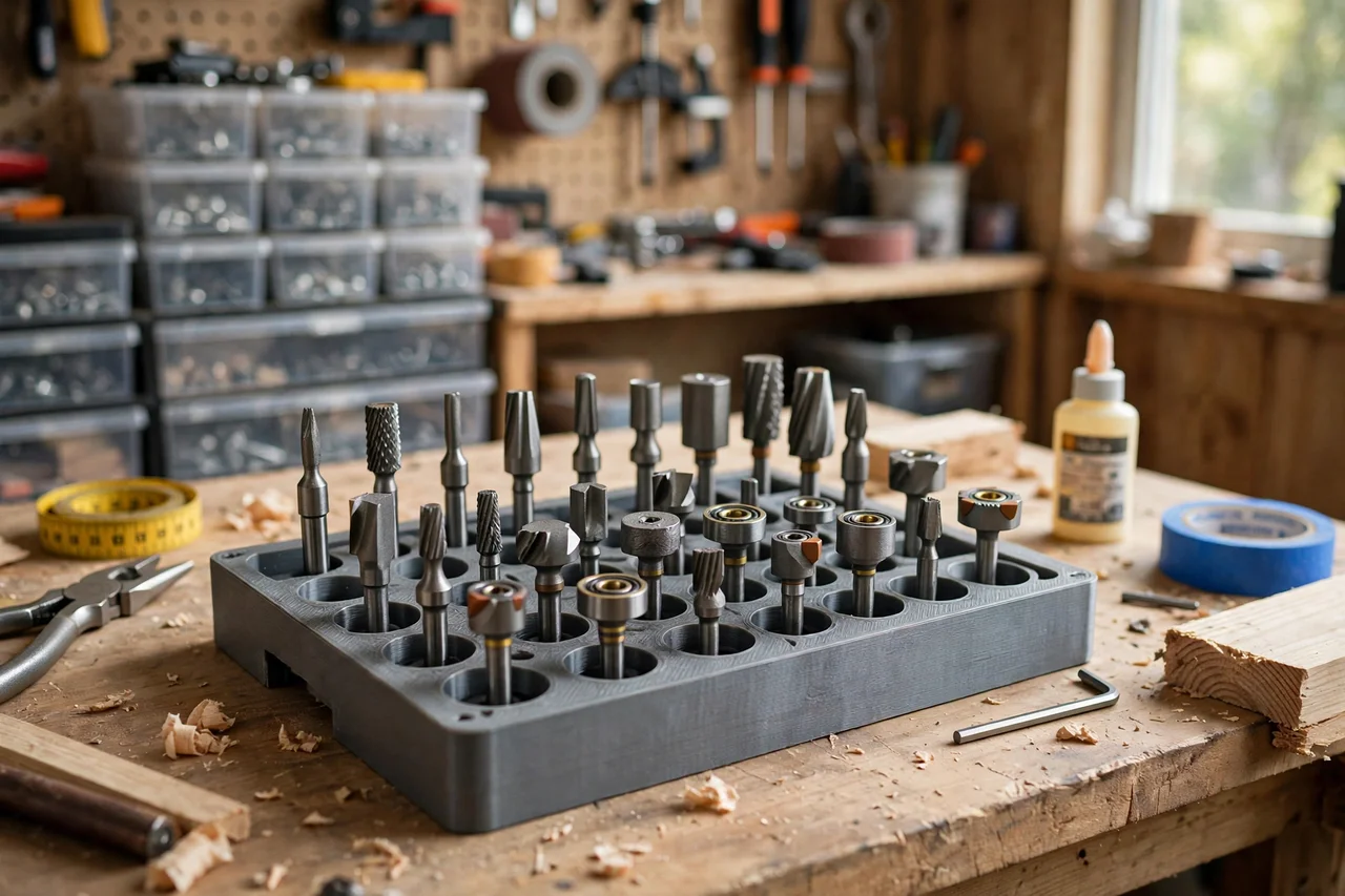 View of the finished 3D printed router bit index tray in use during a home repair tidy-up on a workbench, tidy workshop background in soft focus, bright natural light