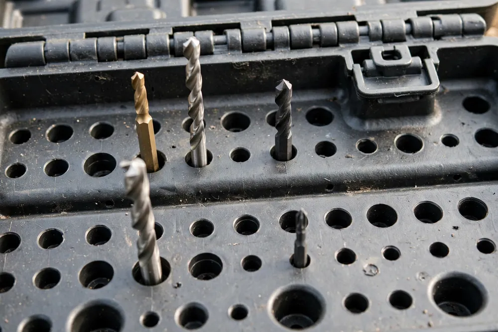 Close-up of the case base showing individually sized shank holes in two rows with wide spacing between tall bits