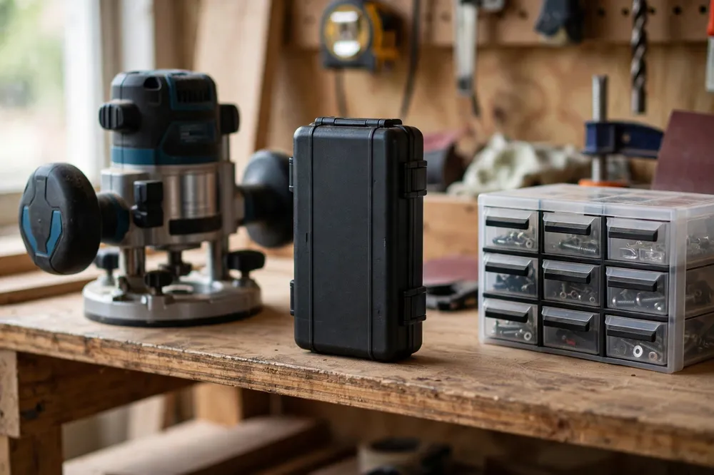 The closed router bit case standing upright on a workshop shelf between a router and a small parts organizer, latch shut