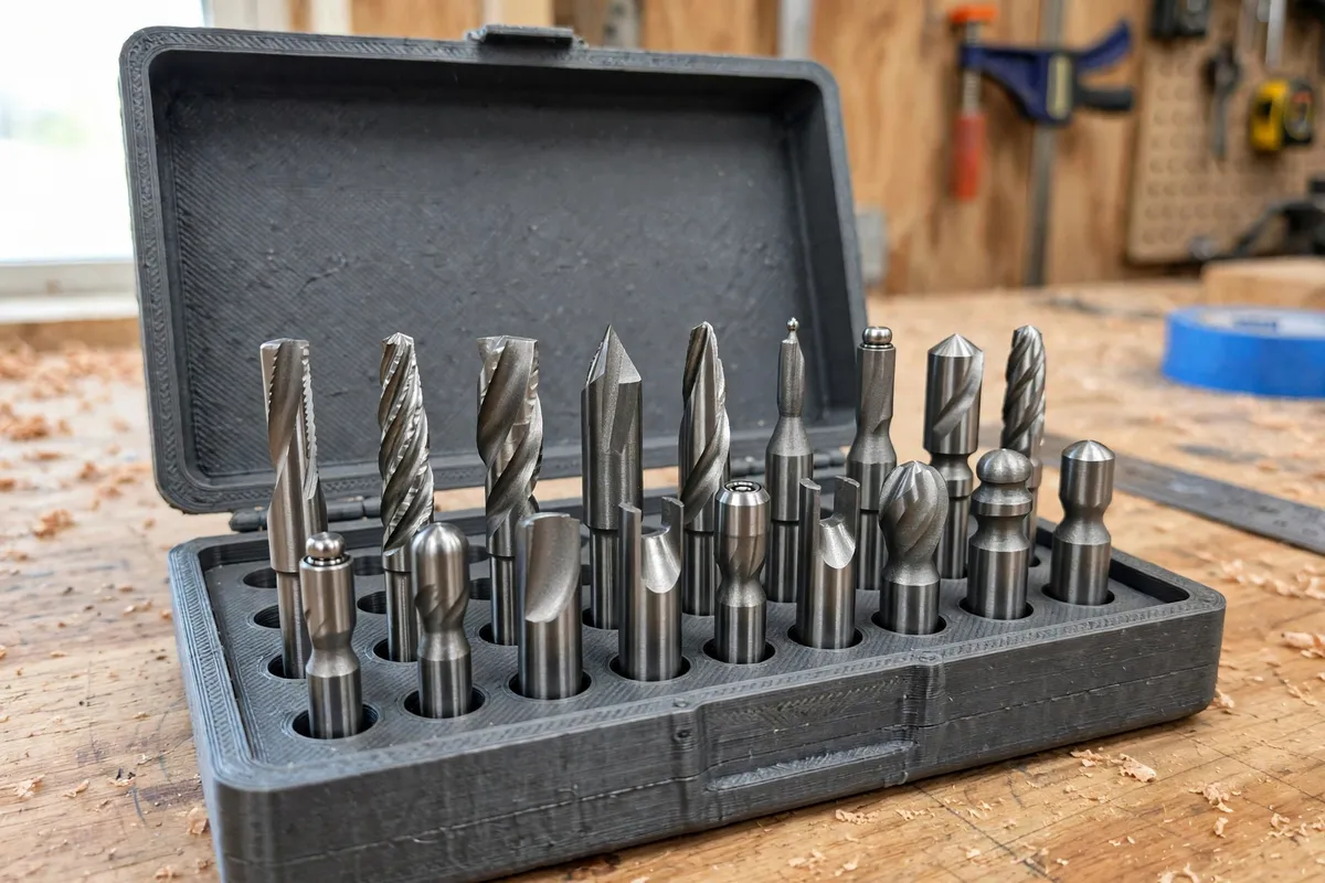 An open charcoal-grey 3D printed router bit storage case on a workbench