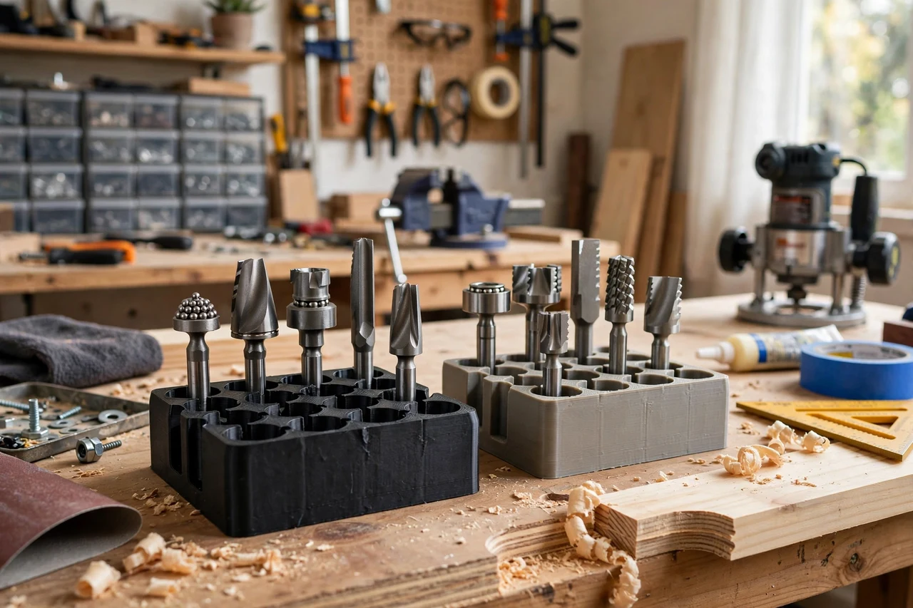 View of the finished 3D printed router bit storage holders in use on a home repair project on a workbench, tidy workshop background in soft focus, bright natural light