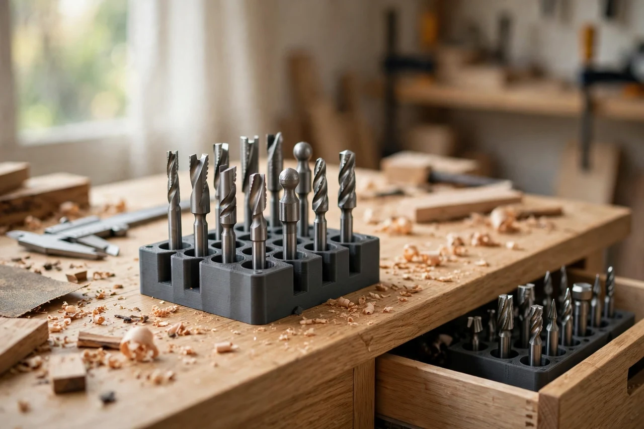 Home workshop scene on a light oak workbench, a matte charcoal-gray 3D printed router bit storage holders holding router bits kept upright in a drawer or on a shelf, soft natural window light, shallow depth of field