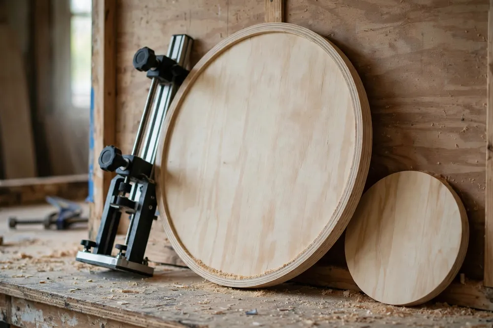 A round wooden tabletop blank freshly cut with a router circle jig resting against a workshop wall, its edge smooth and even