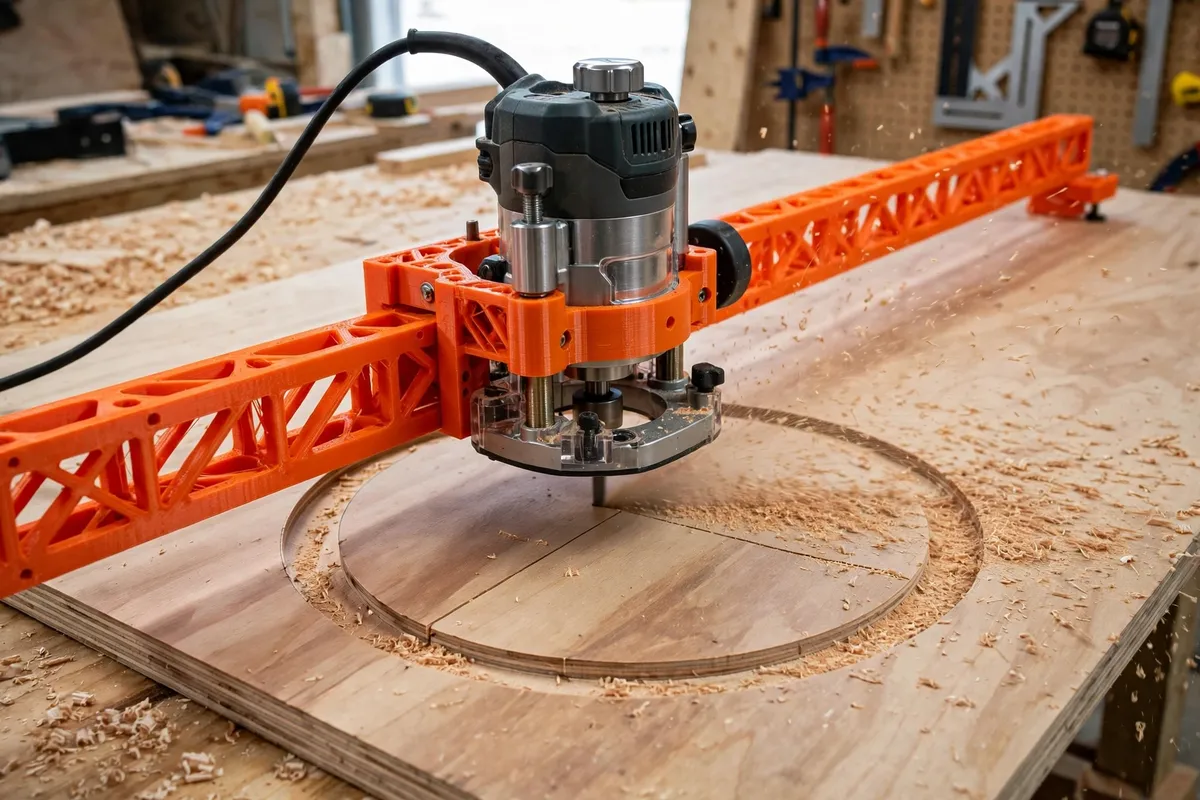 A plunge router mounted on a long orange 3D printed circle cutting jig arm