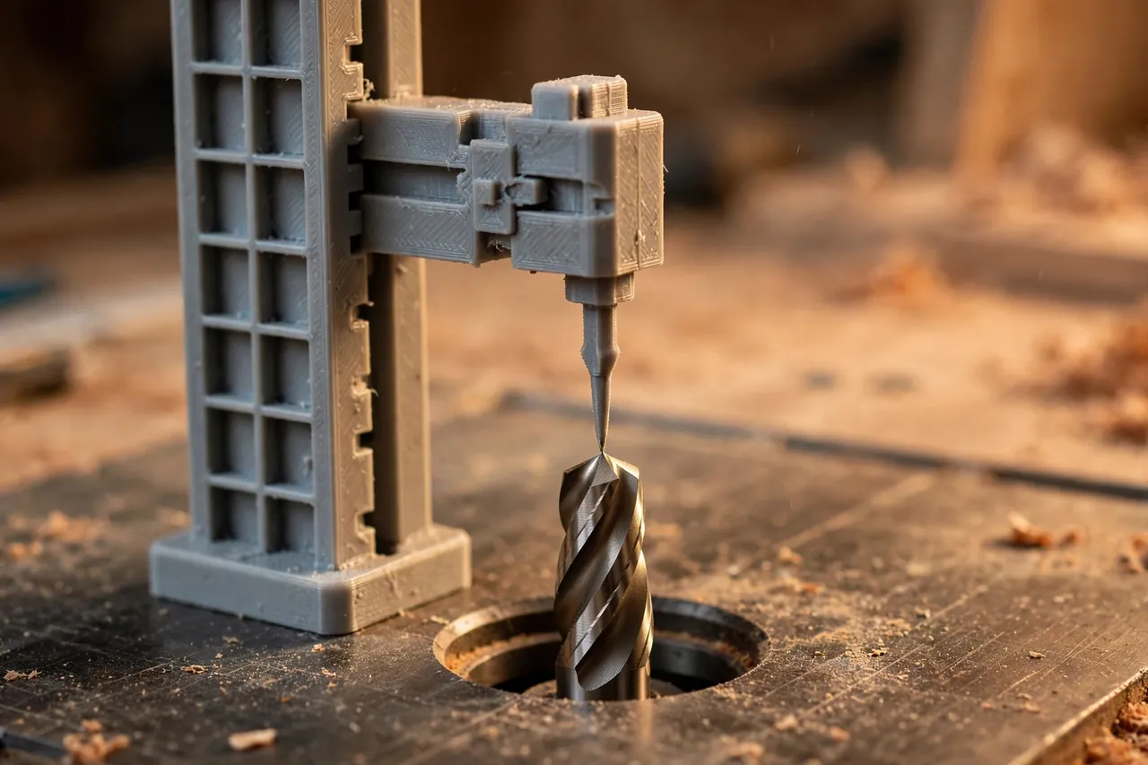 Close-up of a 3D printed depth gauge leg standing on a router table surface while its sliding pointer touches the top of a router bit, warm workshop