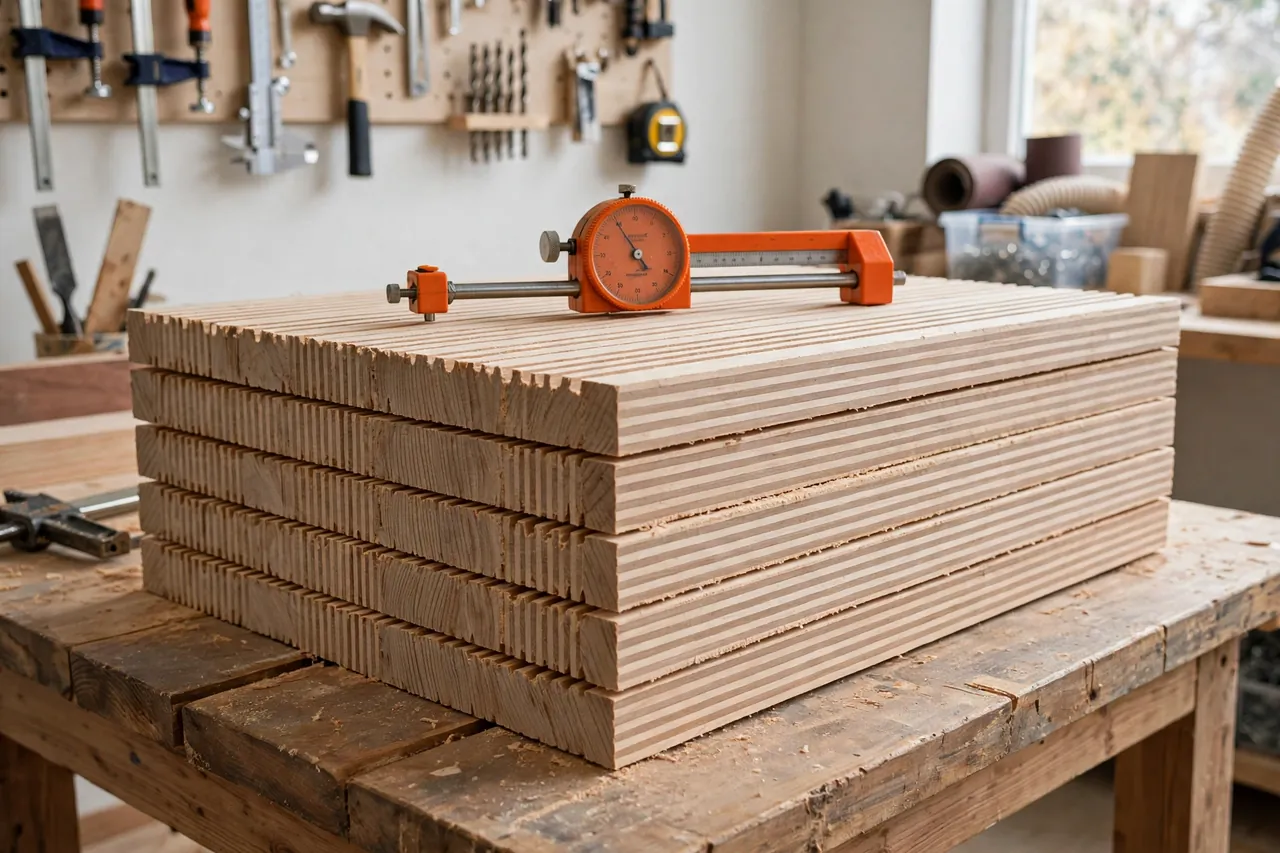 Freshly routed wooden boards with identical grooves stacked neatly on a workbench, the orange depth gauge resting on top, bright tidy workshop