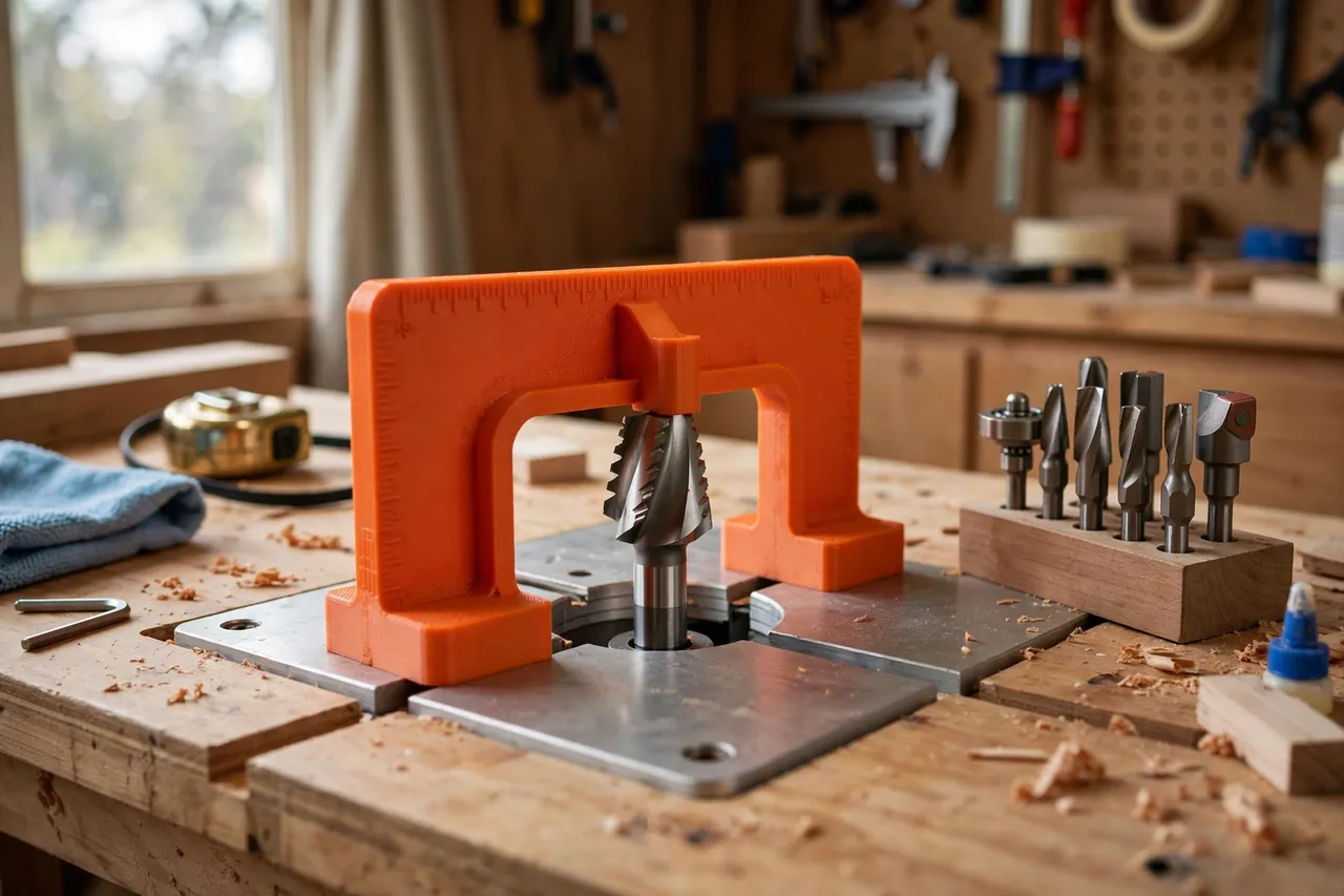 A bright home workshop scene with a matte orange 3D printed router depth gauge bridged over a router bit in a router table insert on a wooden bench