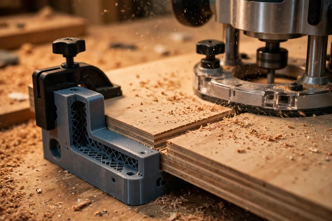 Close-up view of a 3D printed edge guide fence pressed flush against the edge of a wooden board while a router cuts a straight groove, sawdust