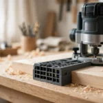 A bright home workshop scene on a light oak workbench