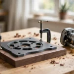 A bright home workshop scene on a light oak workbench