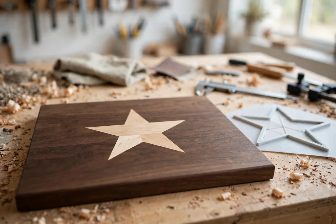 A finished wooden board with a crisp light-maple star inlay set flush into dark walnut