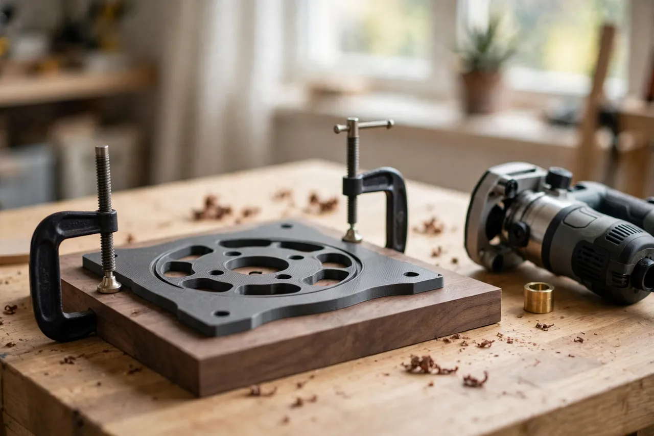 A bright home workshop scene on a light oak workbench