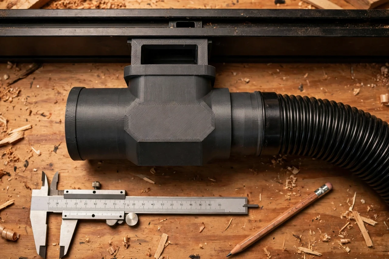 Close-up top-down view of a matte charcoal-gray 3D printed router table dust hose adapter being test-fitted against a router table fence port and a dust hose on a workbench, calipers and a pencil nearby, warm workshop lighting
